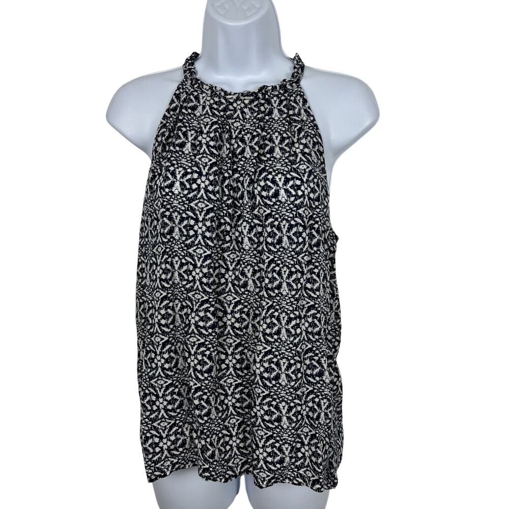 Cynthia Rowley Blouse Size S Navy White Print Sleeveless Flowy Halter Neck